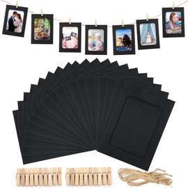 joycraft 20Pcs Paper Photo Frames, 4x6 Inch Cardboard Picture Hanging Kit with Wooden Clips and Jute Twine, DIY Clip Photo Display Holders for Home, Office, Wedding, and Party Decor (Black)