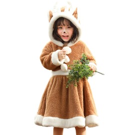 DECEED Reindeer Cosplay for Kids, Cute Santa Cosplay Costume, Thick, Fluffy, Large Size, Long Sleeve, Winter-Ready, Girls Santa Costume, One-Piece, Christmas Reindeer Costume, Santa Claus, Kids (M