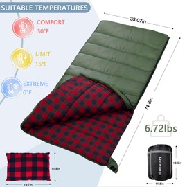 Keencamp 0 Degree Sleeping Bag Cotton Flannel Winter Cold Weather for Adults XXL Sleeping Bag 4 Season Big and Tall with Pillow Compression Sack