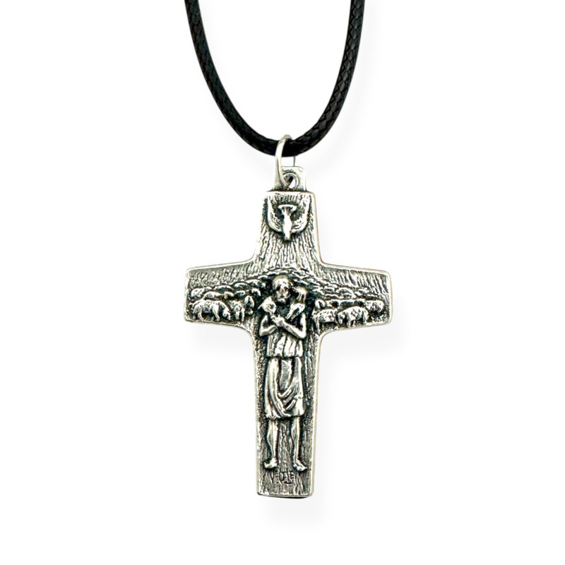 Silver Toned Pope Francis Papal Pastoral Cross Pendant with Black