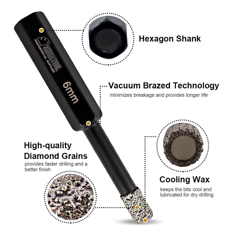 SHDIATOOL Diamond Drill Bits with Hex Shank 5 Pieces/Set 6/8/10/12/14