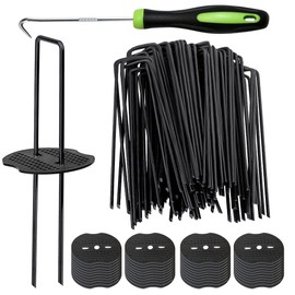 Bakulyor 200pcs Black Landscape Staples + 200pcs Buffer Washer, 6 Inch 11 Gauge Garden Stakes Staples, U Shaped Galvanized Lawn Pins Heavy Duty Yard Ground Pin for Weed Barrier Sod Fabric Decorations