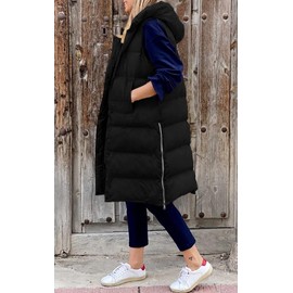 LEANI Womens 2025 Long Puffer Vest Full-Zip Hooded Sleeveless Down Jacket Coats with Pockets Black Medium