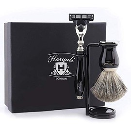 Haryali London Mens Shaving Kit 3 Edge Cartridge Shaving Razor with Black Badger Hair Shaving Brush Perfect Set for Men