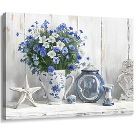 Nicetop Bathroom Decor Wall Art Vintage Coastal Picture Blue and White Anemone Flowers in Vase with Starfish and Bottle Pottery Canvas Print Rustic Country Farmhouse Artwork for Bedroom 16x12 Inch