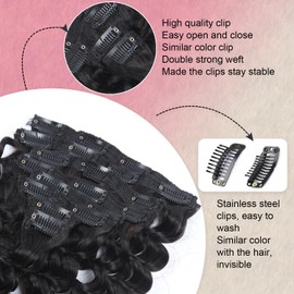 Deep Wave Clip In Hair Extensions - Glueless Hair Extensions For Black Women 120g Curly Real Brazlian Human Wear and Go 8Pcs With 20Clips Double Wefts Clip Ins Natural Black 20 Inch