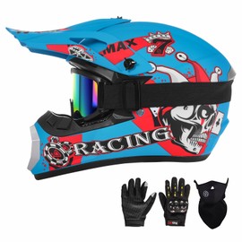 SPARK DOT Youth Motocross Kids Dirt Bike Helmets Full Face Motorcycle Off-Road Mountain E-Bike BMX MX ATV Helmet (with Gloves Goggles Mask) 4Pcs Set, 01 Blue, Large (59-60cm)