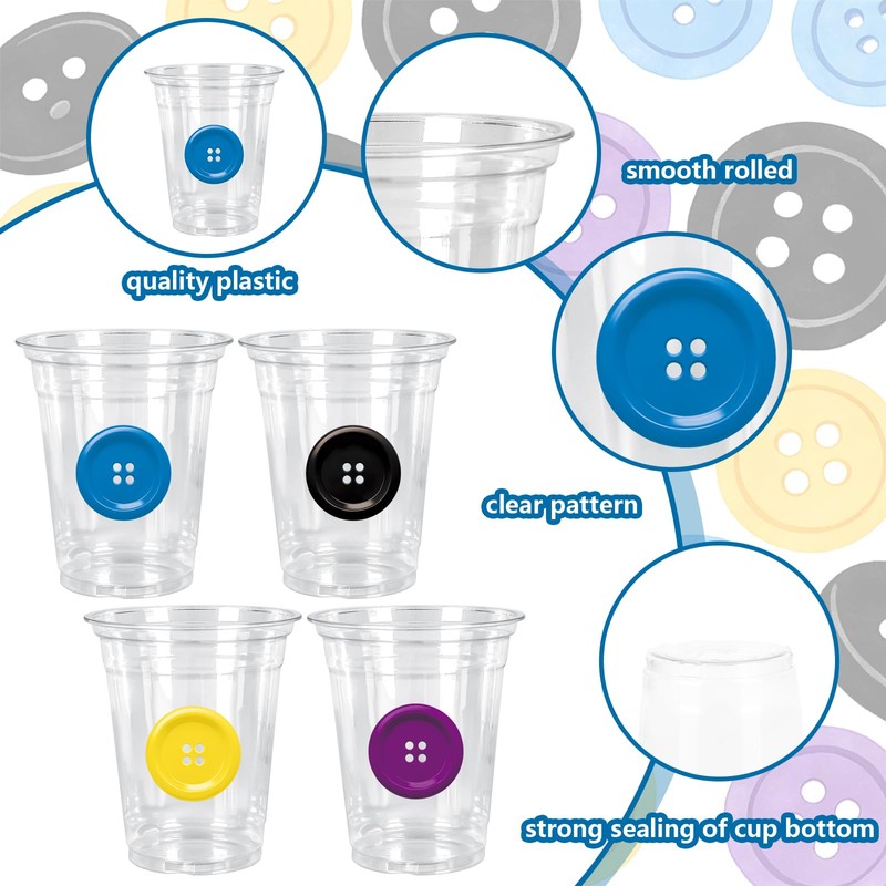 100Pcs Button Party Plastic Cups Disposable Cups with Lids Straws