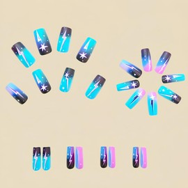 Press On Nails Coffin Fake Nails Art Stick On Nails Color Lightning Glue On Nails Glossy Shiny Gradient Artificial Nails Full Cover Acrylic Nail Kit For Women Girl 24pcs
