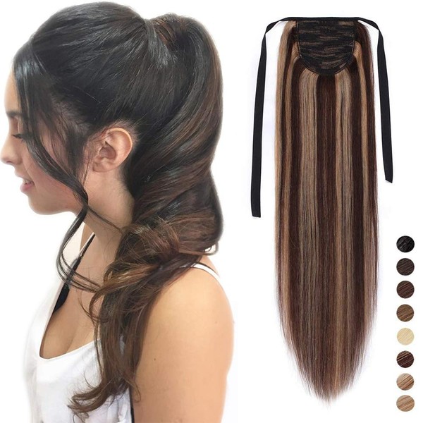 SEGO Ponytail Ponytail Hairpiece Braid Extensions Clip-In Pony Real Hair Remy Hair Piece Medium Brown/Honey Blonde #4p27-1 16 Inches (45 cm) – 80 g