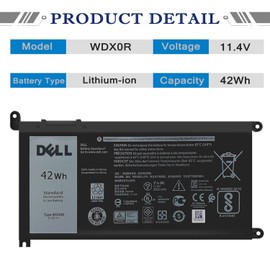 DELL WDX0R Notebook Battery for Dell Inspiron 15 7579 7573 7560 7569 7570 5565 5567 5568 5570 5578 5579 7586 13 7368 7378 5368 5378 5379 17 5765 5767 5775 Latitude 3490 3590 P66F P58F P32E11.4V 42Wh