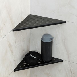 TSIBOMU 10 Inch No Drilling Corner Shower Shelf Matte Black– 2-Pack Wall Mounted Bathroom Shelves for Inside Shower, Triangular Recessed Shower Caddy, Stainless Steel Shower Organizer for Tiled Walls