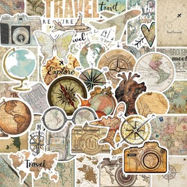 SZXYCZL 50Pcs Travel Map Clock Stickers, Cute Journaling Scrapbooking Waterproof Vinyl Decals for Adults, Vintage Maps Clock Stickers for Journal Water Bottle Suitcase-Travel