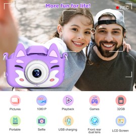 AONISE Kids Digital Camera, Kids Selfie Camera, 32GB SD Card, 1080P HD Video Recorder, Shockproof Dual lens Camera Toys for Boys and Girls, Christmas, Birthday Gifts for Kids Age 3-12 (Purple)