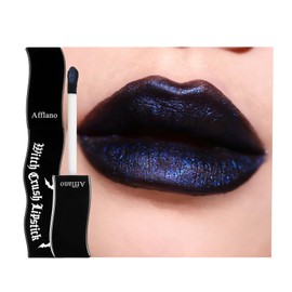 Afflano Dark Blue Lipstick Metallic Gothic Makeup, Goth Black Lipstick Blue Waterproof, Colour Changing Shimmering Lip Gloss Long-Lasting, Dark Blue Lipstick for Everyday Goth Make-Up #07