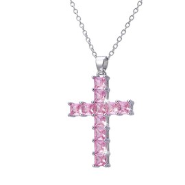 PLGBVAO Cross Necklace Silvery Cubic Zirconia Cross Pendant Necklace Gifts for Women/Men (Pink diamond)