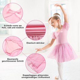 Sahunfri Ballet Clothing Girls' Ballerina Dress with Chiffon Sequins & Bow, Elastic Cotton Ballet Jersey with Chiffon Skirt Tutu, pink, 140
