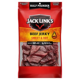 Jack Link's Beef Jerky, Sweet & Hot, Half Pounder Large Jerky Bag - Flavorful Meat Snack, Ready to Eat Protein Snacks with 9g of Protein per Serving, Made with 100% Beef