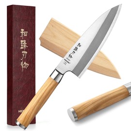 HEZHEN 7" Deba Knife, Japanese Style Forging Steel Fish Salmon Fillet Knife, Stainless Steel Butcher Knife Olive Wood Handle With Wooden Knife Sheath Scabbard