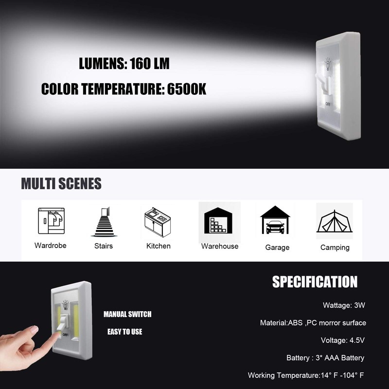 CREVIV LED Night Light, Battery Powered Light,Cordless COB Switch Light,