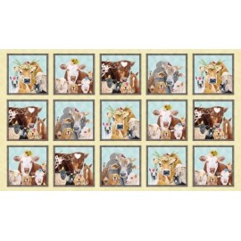 Elizabeth's Studio 24" X 44" Panel Happy Farm Animals Cows Sheep Dogs Cream Cotton Fabric D371.60
