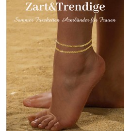 ZHESHY Pack of 2 Anklets Gold Silver for Women 18k Gold Beads Multi-Row Anklet with Cross Heart CZ Plate Adjustable Waterproof Summer Beach Jewellery Anklet Set for Women and Girls, Bronze