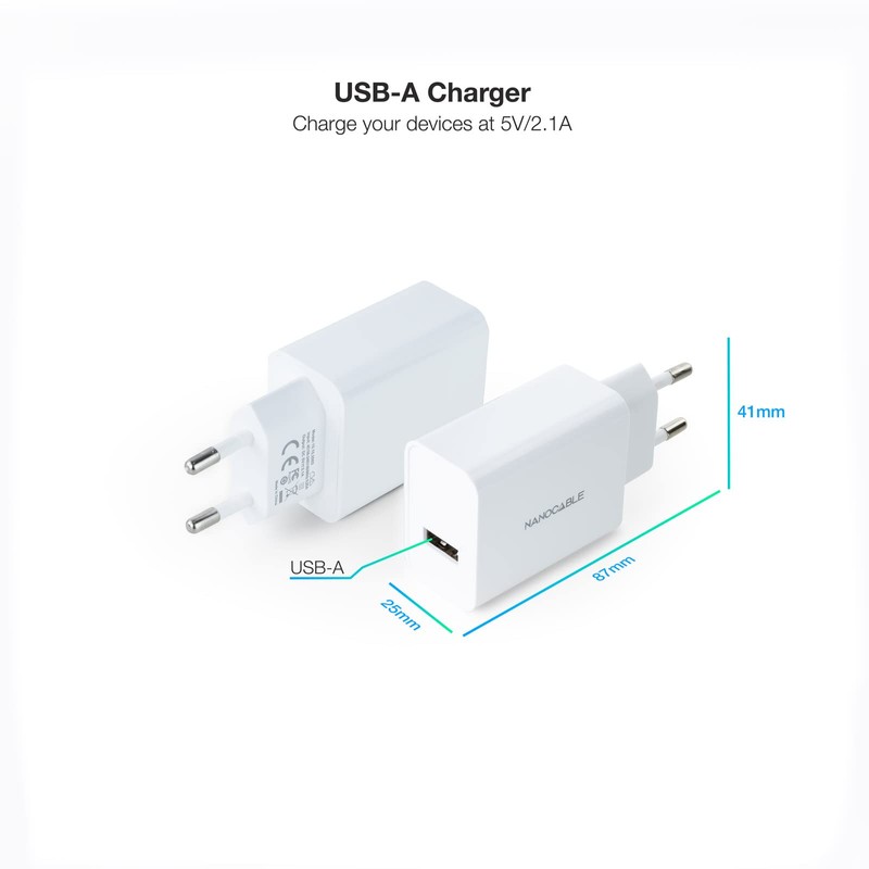 NANOCABLE 10.10.2003 USB Charger, 5 V/2.1 A, Compatible with Smartphones,
