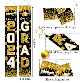 2024 Graduation Party Decorations - Congrats Grad Banner Class of 2024 Congrats GRAD Porch Sign Banner for High School and College Graduation Decorations （Black Gold）