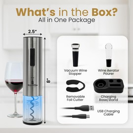 GrapeVibeEssentials Electric Wine Opener Set – Rechargeable Automatic Wine Bottle Opener with Charging Base, Foil Cutter, Aerator Pourer & Vacuum Stoppers
