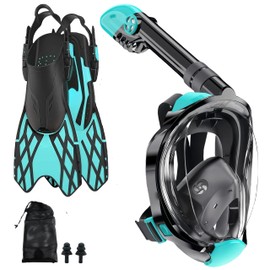CroyVine Full Face Mask Fins Snorkeling Gear for Adults,Adjustable Swim Fins Snorkel Set，Dry Top Scuba Gear for Swimming Snorkeling Diving (Green, S/M)