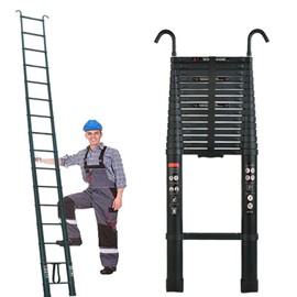 6.2M Aluminum Telescopic Ladder with Hooks 20.3FT Black Folding Multi-Purpose Ladder Extendable Loft Ladder Lightweight Portable Collapsible Ladder Telescoping Extension Ladder, Max Load 150kg, EN131