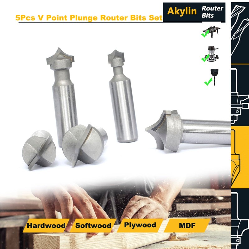 Akylin 5pcs Point Cutting Roundover Router Bit Set,1/2" Shank,Cutting Dia.