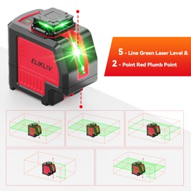 Elikliv 2 Plumb Dots 5 Lines Laser Level - 200Ft Green Laser Level Lines Tool, 360° horizontal Green Laser line ＆ 120° Vertical Green Laser Line, Laser Level 360 Self Leveling for DIY