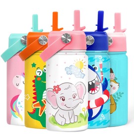 SANDJEST Elephant Water Bottle - Kids Water Bottle with Straw Lid - 12 Oz Insulated Stainless Steel Water Bottles for Toddlers Kid Girl - Travel Cup for School Sports