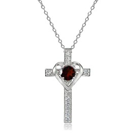 B. BRILLIANT Sterling Silver Garnet and White Topaz Heart in Cross Necklace for Women