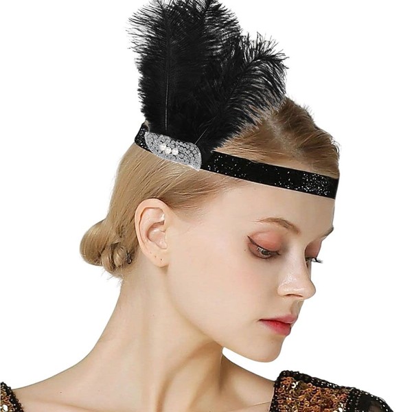 Zoestar Feather Headband Black Crystal Flapper Headpiece Vintage Pearl Hair Accessories 1920s Great Gatsby Party Costume Accessory for Women