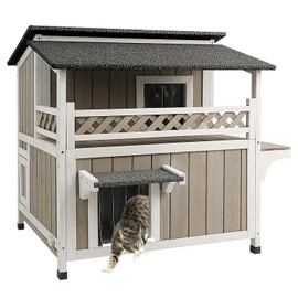 GoWoodHut Outdoor Cat House Weatherproof Cats Shelter for Feral Kitten Pet Houses for 1-2 Small Animlas 2 Story Wooden Houses for Indoor Outdoor Cats with Escape Doors (29" L x 30" W x 31.5" H Grey)