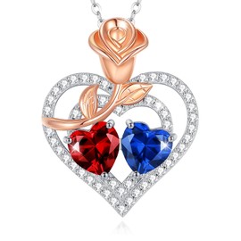 AGVANA January September Birthstone Jewelry Garnet Sapphire Necklace Sterling Silver Rose Flower Heart Double Birthstone Pendant Necklace Anniversary Birthday Gifts for Women Mom Wife Lady Her