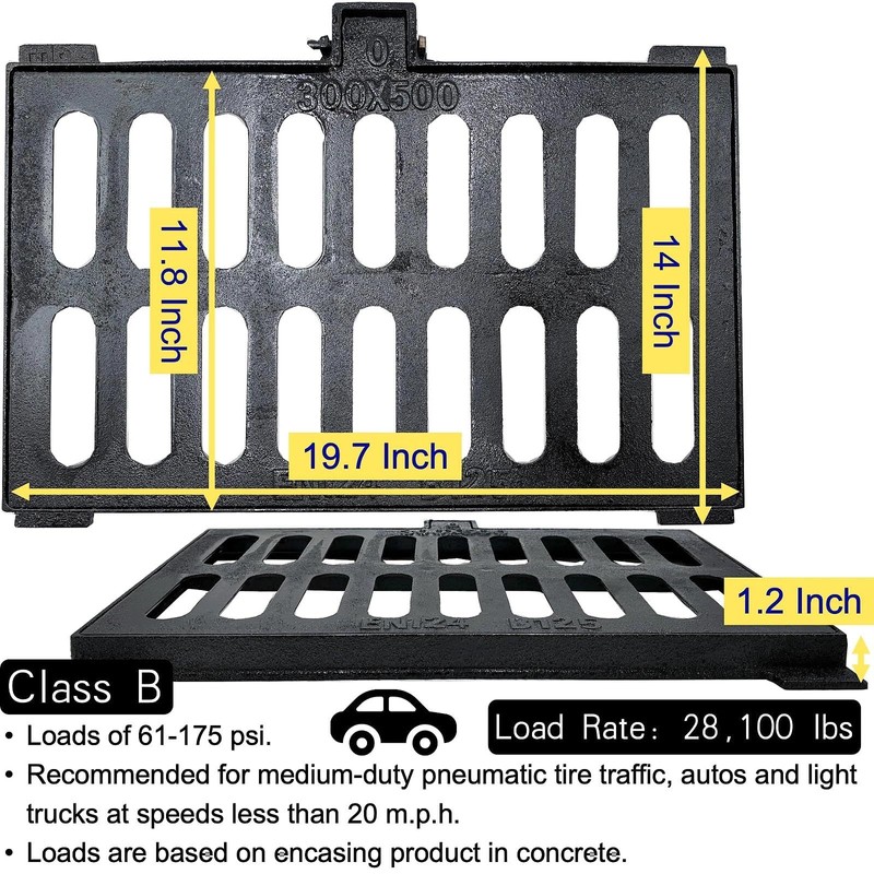 MASSLUNT Cast Iron Drain Grate and Frame 20x12 in, B-Class
