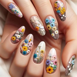 Flowers Press on Nails Almond Fake Nails 5D Embossed Colorful Floral Design False Nails Cute Small Flower Glue on Nails Full Cover Spring Summer Flower Stick on Nails for Women Manicure Decoration