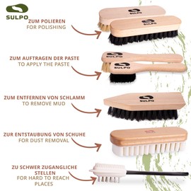 SULPO Shoe Brush Set - 7 Piece Shoe Cleaning Set - Leather Cleaning Brushes - 2 Crucible Brushes - 2 Polishing Brushes - 1 Dirt Brush - 1 Brush with Brass and Nylon Bristles - 1 Crepe Brush Nubuck