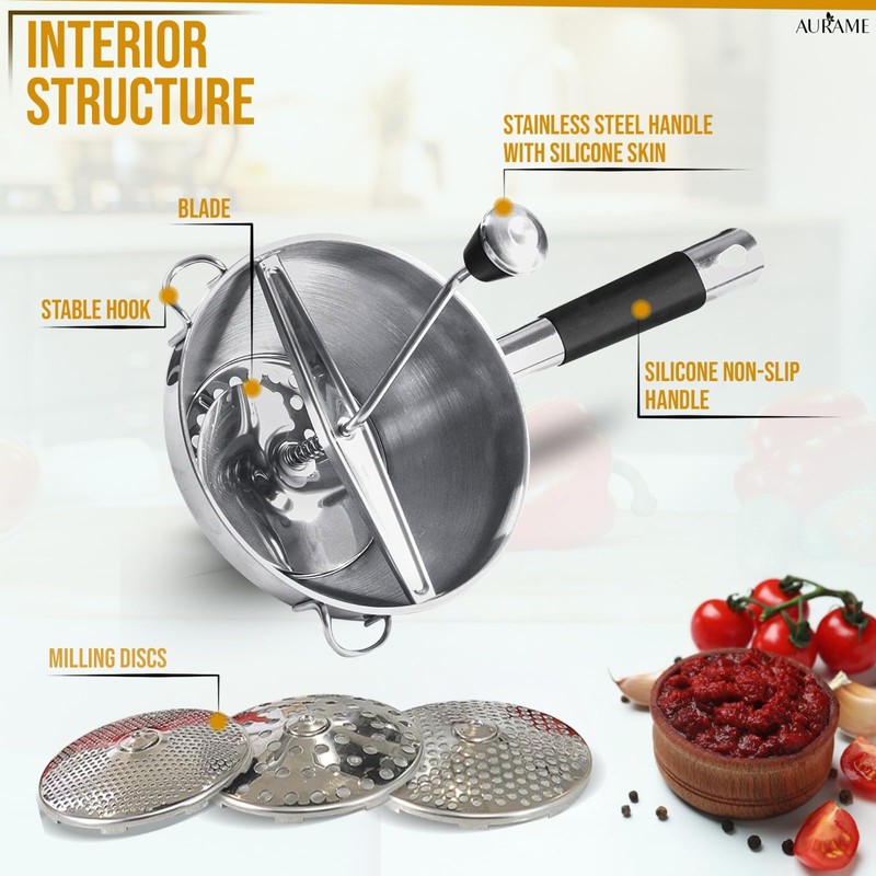 AURAME Premium Stainless Steel Food Mill - Effortless Pureeing, Straining