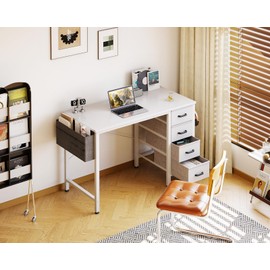 Casaottima 32-Inch Small Computer Desk with 4 Fabric Drawers, Storage, Side Hook and Cloth Bag, Kids Desk Study/Work Table for Bedroom and Small Space, White