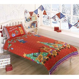 Rudolph Reindeer Presents Stars Christmas Kids Junior Quilt Duvet Cover and Pillowcase Toddlers Bedding Bed Set, Red