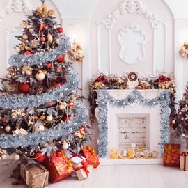 Sggvecsy 49.2Ft Christmas Silver Tinsel Garland Xmas Tree Decorations Christmas Metallic Twist Garland Ceiling Hanging Decorations for New Year Party Birthday Holiday Indoor Outdoor Supplies