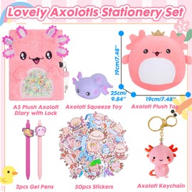 Axolotl Gifts for Girls, Kids Axolotl Plush Toys with Secret Diary, Ballpoint Pen, Stickers, Birthday Gifts for Little Girls Age 5 6 7 8 9 10-12 Years Old