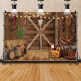 Canessioa Western Cowboy Backdrop Rustic Wood Barn Door Backdrop Cactus Hat Guitar Haystack Wooden Floor for Theme Party Decorations Photography Background Studio Props 7x5ft(210x150cm)
