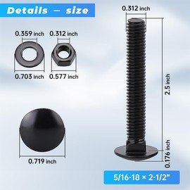 Glvaner (8 Sets) 5/16-18 x 2-1/2" Stainless Steel Carriage Bolts Screws Black and Hex Nuts & Flat Washers Black, Round Head Square Neck, 304 Stainless Steel 18-8, Full Thread Coverage