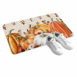 Fall Door Mat Harvest Pumpkin Doormat Orange Flower Eucalyptus Leaves Beige Harvest Thanksgiving Welcome Mat Non Slip Entryway Front Rug Floor Mat for Indoor Outdoor Kitchen Autumn Holiday Decor 18x30