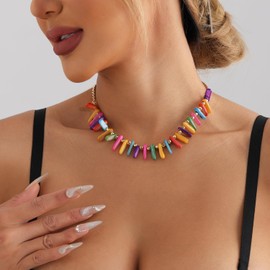 Colorful Necklace for Women Multicolor Pearl Choker Necklace Summer Puka Shell Charm Necklace Dainty Boho Gold Paperclip Beach Necklace Jewelry Outfit Accessories (One)